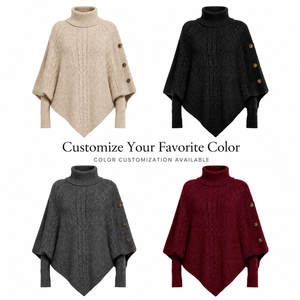 Suéter tipo poncho de punto trenzado para mujer, cuello alto, con <span class=keywords><strong>botones</strong></span> <span class=keywords><strong>laterales</strong></span> decorativos, dobladillo asimétrico, holgado, para invierno - Product Image 5