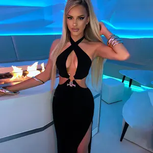 Sexy Club Neck holder rücken freies Schnür schlitz Designer kleid aus geschnittenes Kleid heißes Nacht kleid