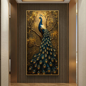 لوحة فنية حديثة فاخرة لمنظر طبيعي مع طاووس ذهبي، تصميم جداري من الكريستال والبورسلين لتزيين غرفة المعيشة والمنزل - Product Image 2