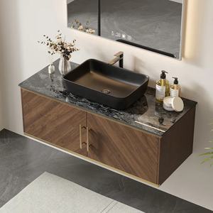 Space-Saving Wall-Mounted Bathroom Vanity <strong>Bath</strong> Mirror Copper <strong>MDF</strong> Door <strong>Panels</strong> Glossy Sintered Stone Top Durable Wood Vessel Sink - Product Image 3