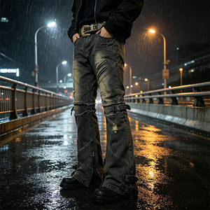 Jeans évasés noirs personnalisés Yaolin pour hommes, <span class=keywords><strong>en</strong></span> denim <span class=keywords><strong>déchiré</strong></span> de poids moyen, avec boutons à nœud, fermetures éclair et languettes latérales, service OEM, MOQ - Product Image 3