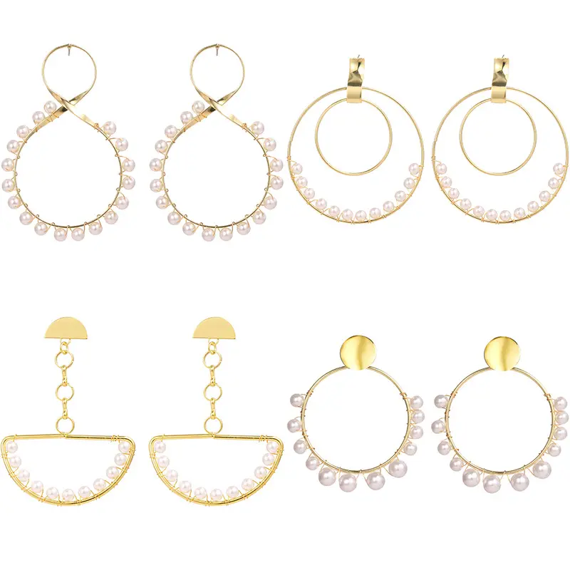 Fashion Handmade Beaded Pearl Big Hook Earrings Women Jewelry Gold Plated Hoop Drop Earrings