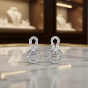 Orecchini a lobo di lusso in oro bianco con diamanti, design geometrico, taglio baguette, montatura a canale in argento 925, da donna per tutti i giorni - Product Image 2