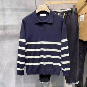 Nouveau <span class=keywords><strong>pull</strong></span> à col rayé pour homme, mode confortable, col en V, tricot contrasté, design rétro décontracté, automne, polyester - Product Image 2