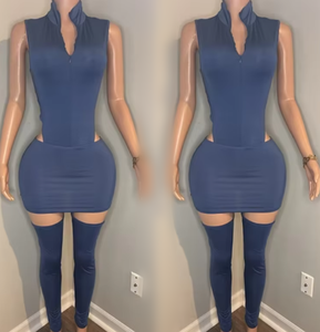 Viviblook D25ST231 femmes Sexy col montant sans manches body fermeture éclair demi jupe mollet ensemble trois pièces ensemble - Product Image 1