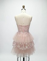 Robe de bal courte Ocstrade rose poudré sans bretelles, corset, sequins, dentelle, tulle à volants, mini, pour soirée de remise de diplôme, cocktail, élégante et formelle
