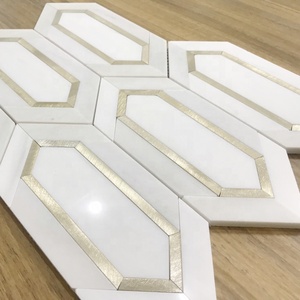 Thassos White <strong>Marble</strong> With Brass <strong>Hexagon</strong> Shape Mosaic <strong>Tile</strong> for Interior Wall &amp; Floor Decor - Product Image 1