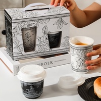 Boîte cadeau, tasse à café en céramique pour couple, imprimée de fleurs, sans poignée, avec couvercle en silicone