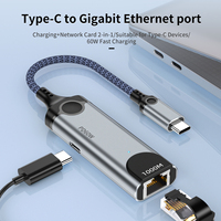 Adaptor Ethernet USB C 2-in-1 Tipe C ke Kartu Jaringan LAN RJ45 dengan Pengisian Daya PD 60W, Cangkang Aluminium untuk Laptop/Ponsel Tablet PC