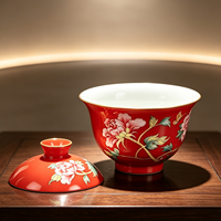 Ensemble Gaiwan en Porcelaine Rouge Vibrante de Chine de Qualité Supérieure, Motif Floral de Pivoine Traditionnel, Design Prospérité, 2 Pièces (Bol et Couvercle), Tasse à Thé Kung Fu