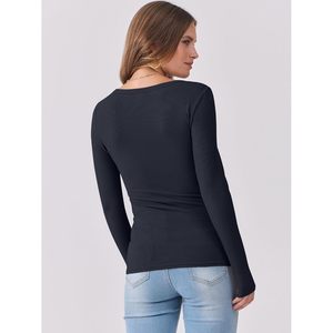 Camiseta de punto acanalado de manga larga para mujer, cuello redondo, corte ajustado, informal, básica, ropa de moda de otoño - Product Image 4