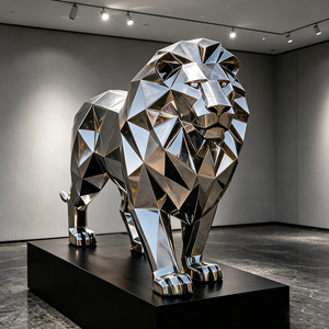 Sculpture de <span class=keywords><strong>lion</strong></span> géométrique moderne en acier inoxydable, poli miroir, grande statue de <span class=keywords><strong>lion</strong></span> en métal pour la décoration paysagère extérieure du jardin - Product Image 2
