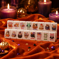 Jeu de Mahjong en Acrylique à Motif Chat de Dessin Animé d'Halloween, Tuiles Entières Imprimées Double Couche, Pliable et Portable, Jeu Américain pour Fêtes Familiales
