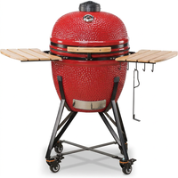 Barbecue au charbon de bois Kamado en céramique de 22 pouces en forme d'œuf avec tables latérales en bambou, couvercle à charnières et thermomètre intégré pour patio