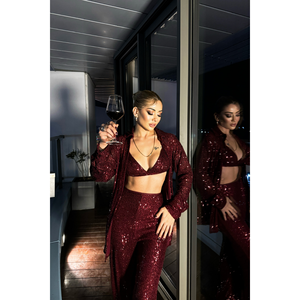 Conjunto de 3 Piezas con Lentejuelas Color Borgoña - Chaqueta Talla XS - Corsé - Pantalones - Ropa Deportiva a Juego - Top de Dos Piezas - MOQ 2 o 3 Piezas - Product Image 6