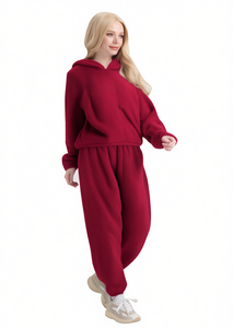 Tc421r Tuta da donna in pile con cappuccio, vestibilità ampia, tinta unita, casual, per l'autunno, con tasche laterali e vita elasticizzata - Product Image 1