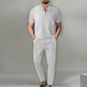 I-0497 vente en gros Street Wear hommes décontracté deux pièces été ensemble couleur unie col à manches courtes col roulé fermeture éclair pantalon costume - Product Image 5