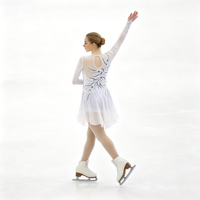 Robe de patinage et de danse blanche et bleue, col rond, manches longues en maille, dos découpé avec strass, pour enfants et adultes, compétition et performance