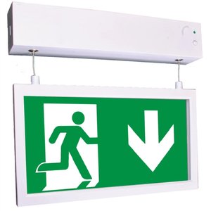 Luminaria per Segnaletica di Uscita di Emergenza 24 M con Uomo che Corre e Freccia Verso il Basso, Cornice Verde e Bianca, Montaggio a Soffitto - Product Image 1