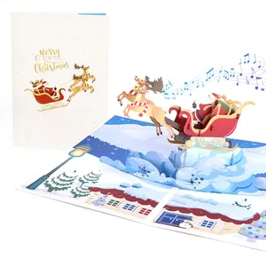 Winpsheng专业工厂搞笑鹿雪橇圣诞快乐3d弹出式圣诞音乐卡