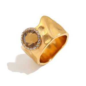 Stainless Steel Hammered Wide Band <b>Ring</b> 18K Gold Plated Citrine Zircon Vintage <b>Statement</b> Finger <b>Ring</b> For Women Jewelry Gift - Product Image 1