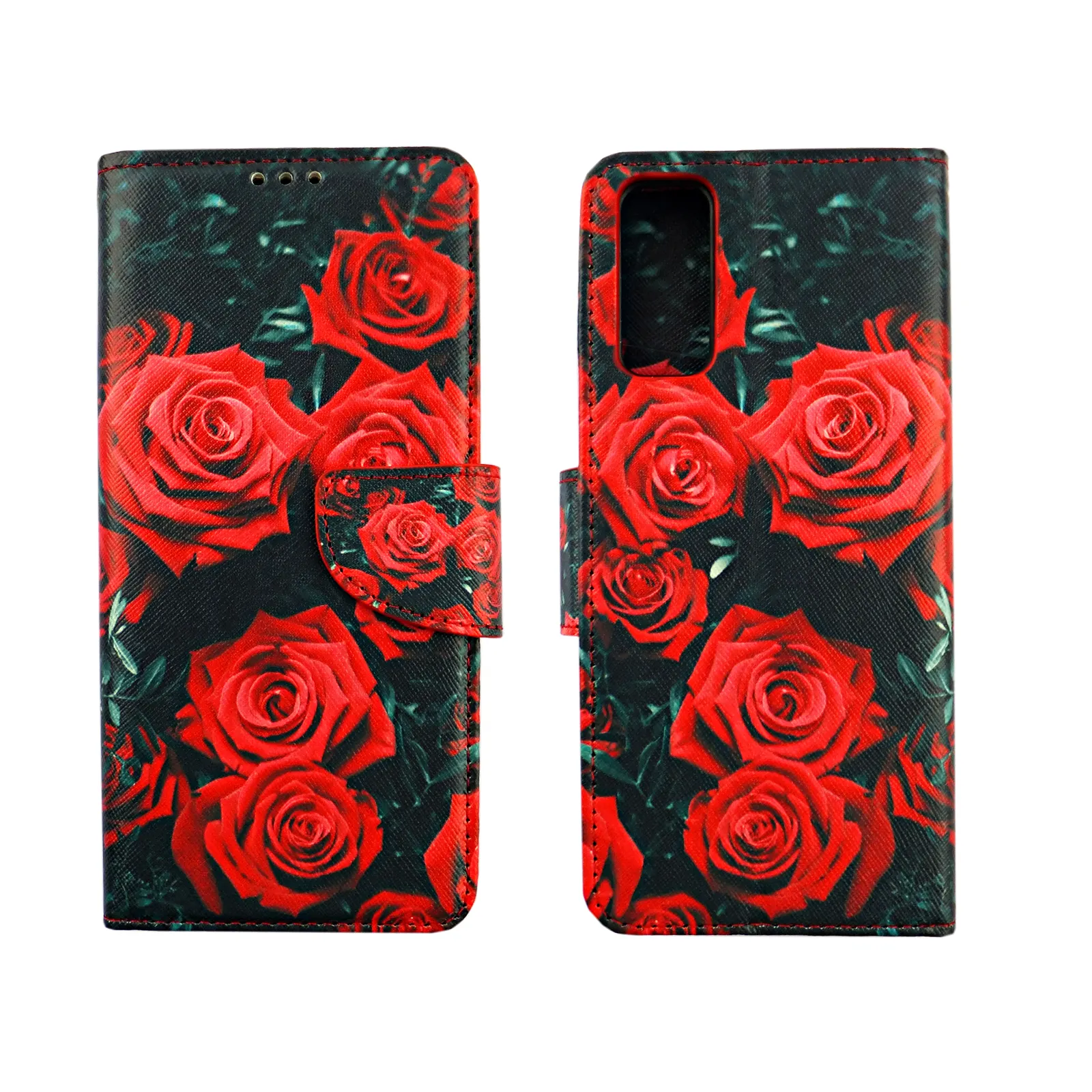 Fabriek Prijs Kaartsleuf Opslag Twee Opvouwbare Rand Grote Rode Roos Patroon Telefoon Beschermer Voor Samsung S24 Ultra Telefoon Case