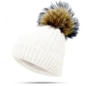 2024 mode nouvelles femmes hiver Bonnet doux épais polaire doublé double couche tricoté Bonnet avec vraie fourrure de raton laveur Pom Pom chapeaux