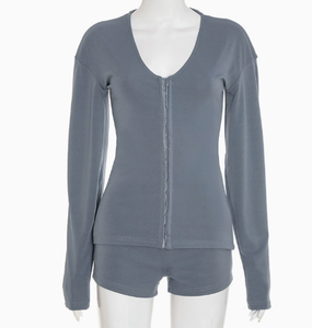 Viviblook J25ST282 Conjunto Sexy de Otoño para Mujer, Nuevo Cárdigan Ajustado con Botones y Cuello en V, Top de Manga Larga y Pantalones Cortos, Conjunto de 2 Piezas - Product Image 2