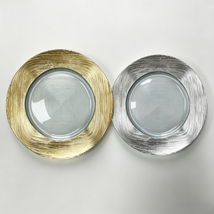 Assiettes de présentation en verre argenté brossé à bord large, texture gaufrée, assiettes décoratives en verre transparent pour table de mariage, vente en gros - Product Image 3