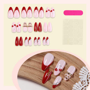 Uñas postizas de San Valentín, diseño de fresa, tendencia de uñas de guepardo, 24 unidades, efecto ombré brillante, estilo Y2K, color rosa, diseño de almendra, con caja. - Product Image 4