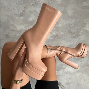 Green Double Platform Short <b>Boots</b> Solid Leather Side Zip Great Quality Ankle <b>Boots</b> Thick Heel Shoes Large Size 45 - Product Image 6