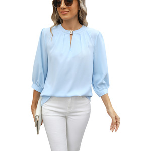 Abbigliamento <span class=keywords><strong>Donna</strong></span> Transfrontaliero Europa America 2026 Primavera Estate Nuovo Stile T-shirt Ampia <span class=keywords><strong>con</strong></span> <span class=keywords><strong>Bottoni</strong></span> Frontali Scollo a V Manica Tre Quarti - Product Image 1