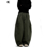 Pantalon cargo large YOFA en toile vert militaire unisexe, design rétro personnalisé de haute qualité, délavé, coupe ample amincissante, teint uni