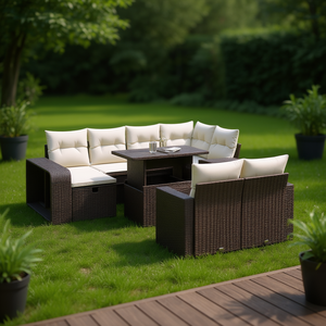 Ensemble de canapés de jardin en rotin tressé marron avec coussins crème, mobilier d'extérieur contemporain au design durable - Product Image 2