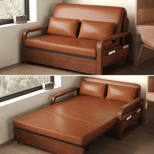 Sofá Cama Extraíble de Cuero Encerado Marrón Vintage con Estructura de Madera, Cama Lounge Multifuncional para Apartamento, Hogar u Oficina - Product Image 2