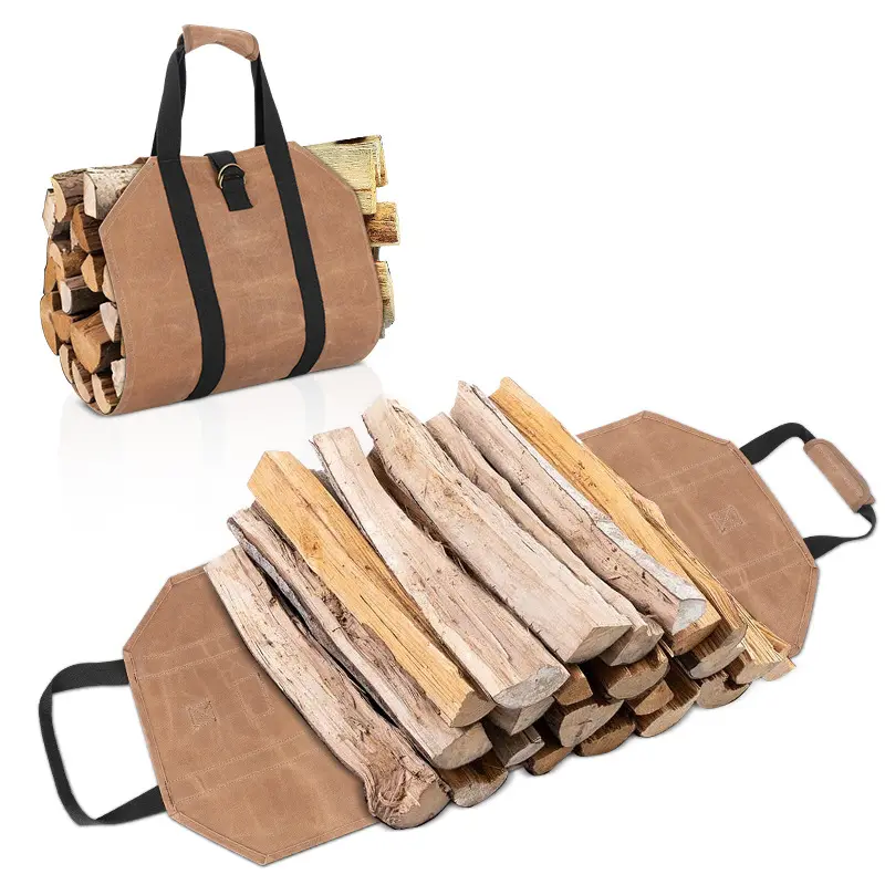 Portador de chimenea de fábrica BSCI, bolsa de mano para leña, bolsa de madera duradera, bolsa de mano para leña, bolso de lona encerada