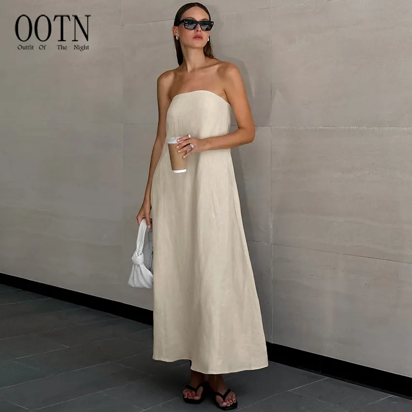 OOTN 2024 Summer Cotton Long Dresses Linen Beach Sexy Fashion Casual Solid Tube Dress Strapless Women's Dress Khaki