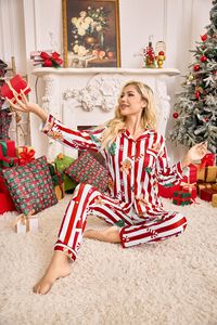 Hot Selling Europese en Amerikaanse dames kerstpyjama's vesten revers lange mouwen lange broek huiskleding bovenkleding set - Product Image 6