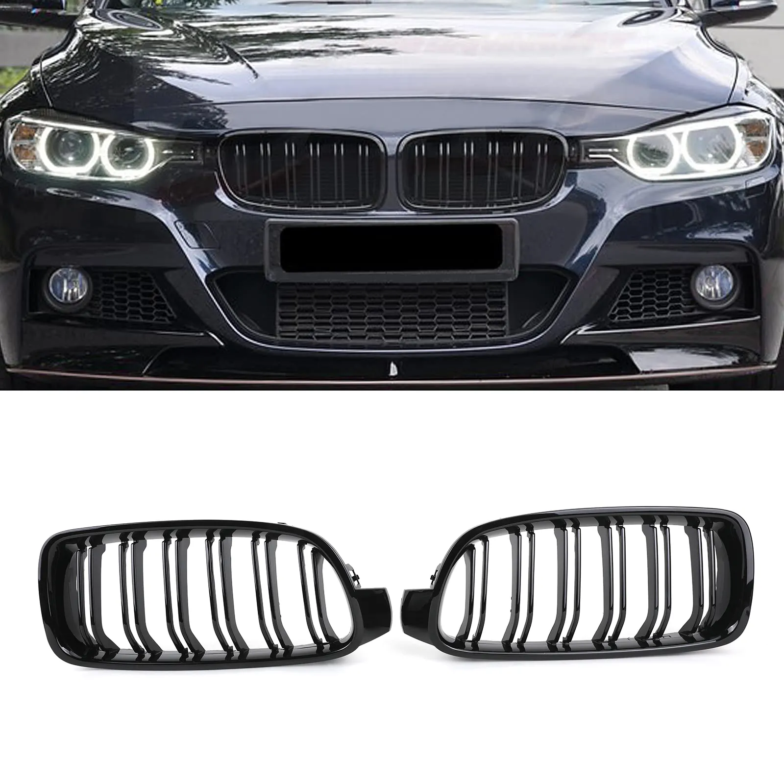ABS Plastic Chrome Glossy Black Double Slats Front Kidney Grille for BMW 3 Series F30 F31 320i 330i 335i 340i