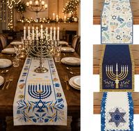 Chemin de table Hanouka bleu et or, 3 motifs : Ménorah, Étoile de David, Colombe, en lin, pour la Chanoeka, décoration de maison pour les fêtes juives