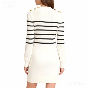 Women's Casual Knitted <strong>Dress</strong> with Shoulder Decorative Buttons Breathable Color-Block Horizontal Stripes - Product Image 2