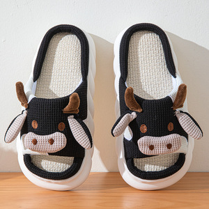 Mignonnes pantoufles d'intérieur pour <span class=keywords><strong>femme</strong></span> en lin épais motif vache, antidérapantes, pour l'été et le printemps - Product Image 3