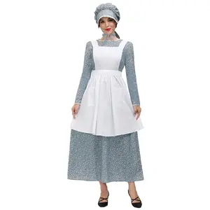 SLE02174 Gaun Kolonial Wanita, Set Dua Potong Baju Maxi Lengan Panjang + Pinafore + Bonnet SD Pioneer