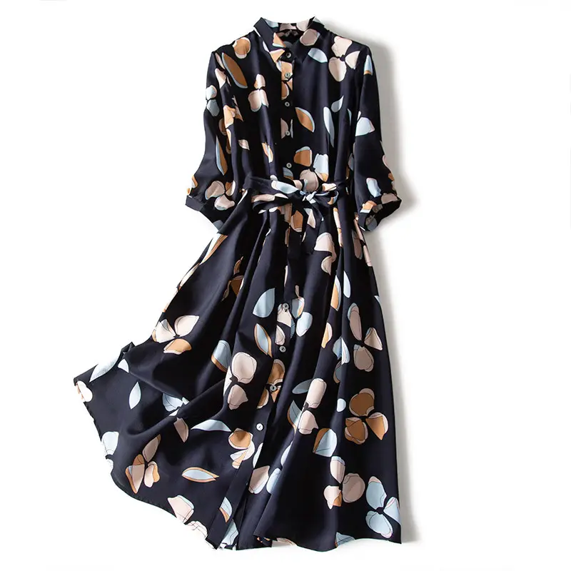 Large Size Women's Dress Summer New Retro Chiffon Printed Shirt Dress Fat Mm Waist Loose Dress For Female Fashion Clothes New