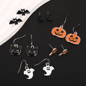 Ensemble de boucles d'oreilles Halloween en alliage, clous d'oreilles citrouille, fantôme, chauve-souris, chat, bijoux de fête pour femme, été 2024 - Product Image 4