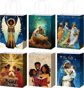 Assortiment de sacs de Noël religieux afro-américains avec poignée, scène de la Nativité de Jésus noir, sacs cadeaux en papier pour friandises - Product Image 1