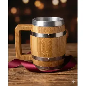 Mug à bière en chêne The Barrel House 700 ml, intérieur en aluminium, style nordique, cadeau idéal pour les amateurs de bière artisanale - Product Image 6