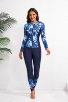 Ensemble de maillots de bain pour femmes, manches longues, fermeture éclair, manches coupées, motif de feuilles, protection solaire, pantalon long