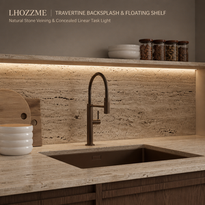 Mobili da <span class=keywords><strong>Cucina</strong></span> Modulari in Rovere Affumicato e Travertino Romano, Senza Maniglie, <span class=keywords><strong>con</strong></span> Piano in Pietra <span class=keywords><strong>a</strong></span> Giunzione Angolare, Produttore OEM ODM per Tutta la Casa - Product Image 5