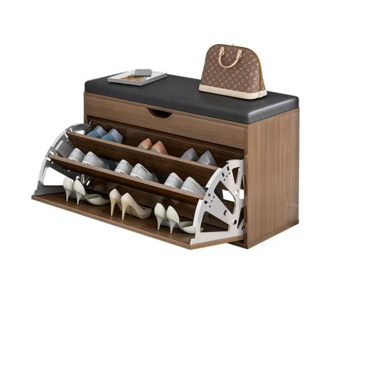 Houten Schoenenrek Ruimtebesparend Multi-layer Schoen Bench Met Lederen Kussen Meubelen Hal Luxe Schoenenrek